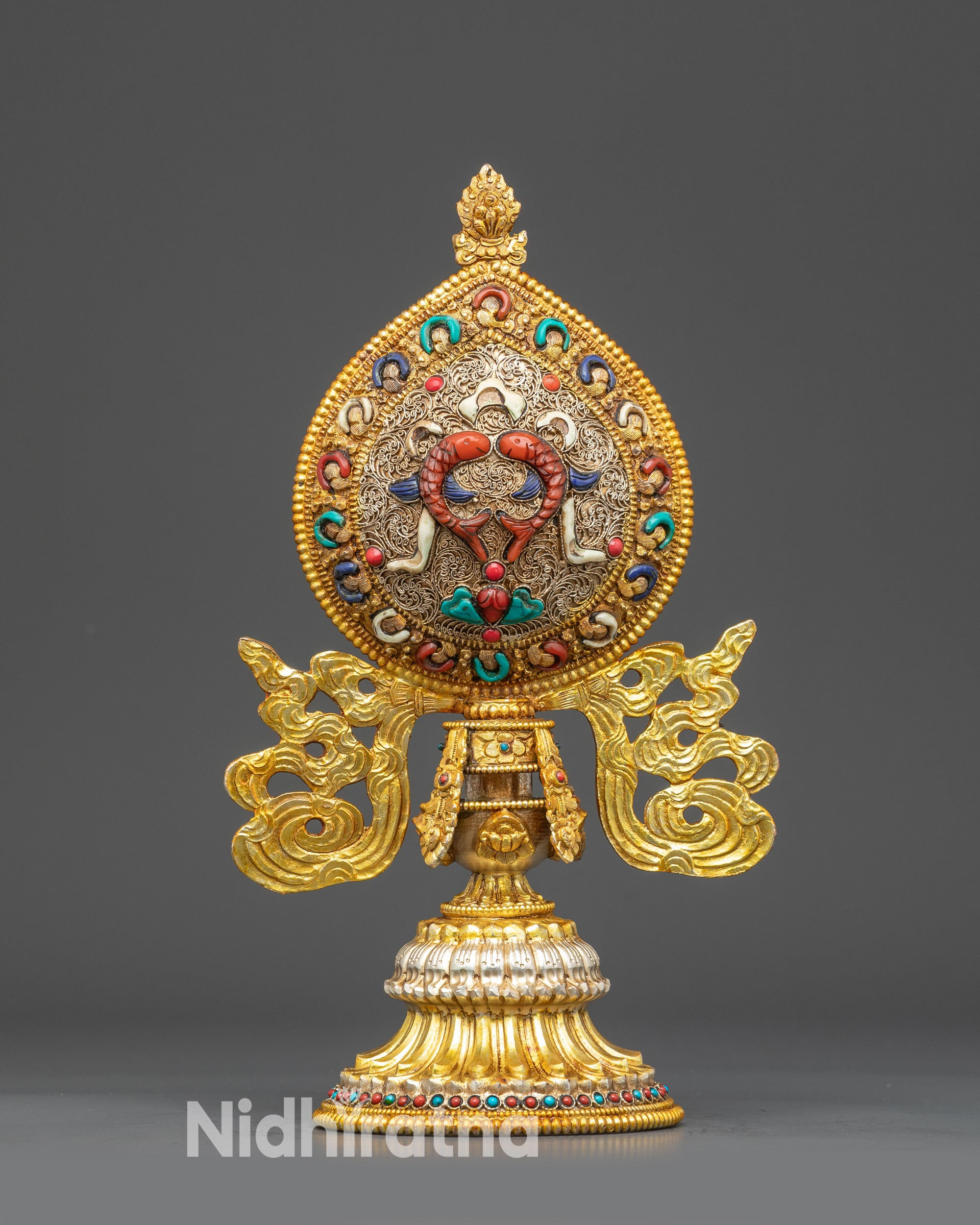 Close up Pair of Golden Fish (Matsya) from Ashtamangala set, copper & semi-precious stones