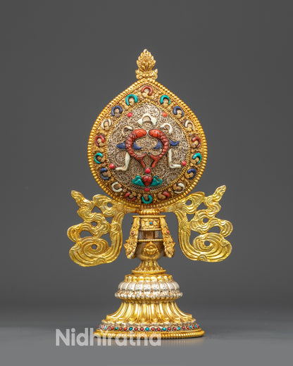 Close up Pair of Golden Fish (Matsya) from Ashtamangala set, copper & semi-precious stones