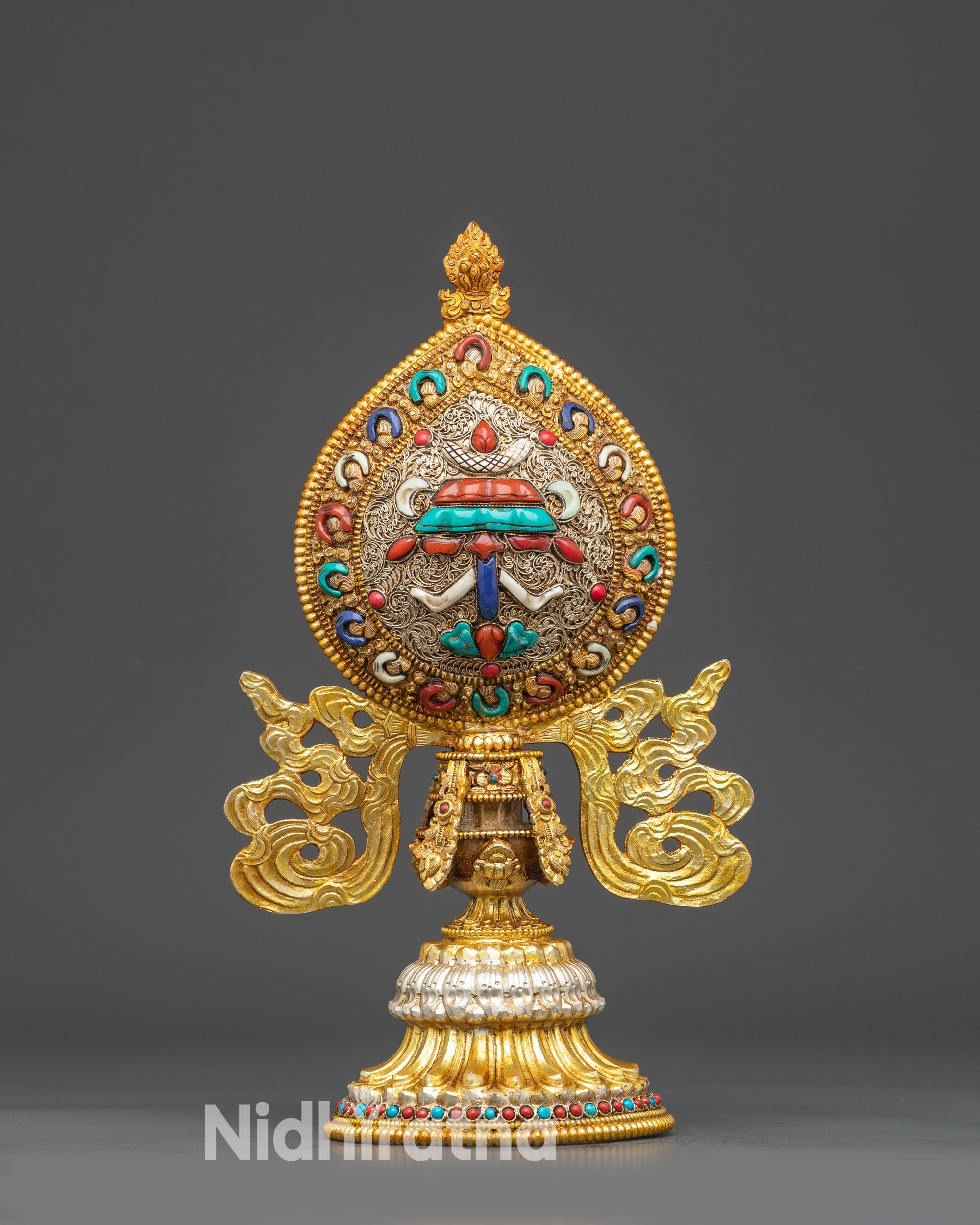 Close up Parasol (Chattra) from Ashtamangala set, gold-plated copper with stones
