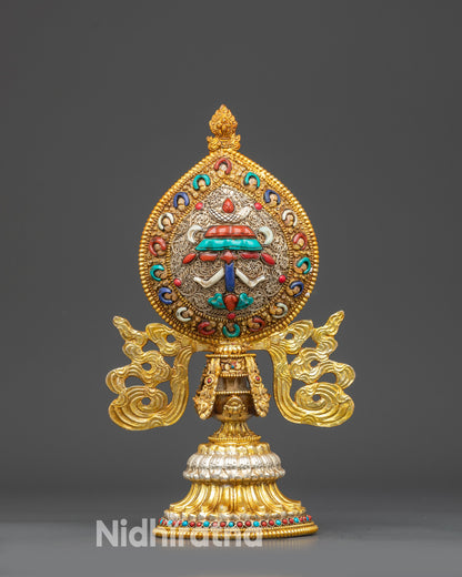 Close up Parasol (Chattra) from Ashtamangala set, gold-plated copper with stones