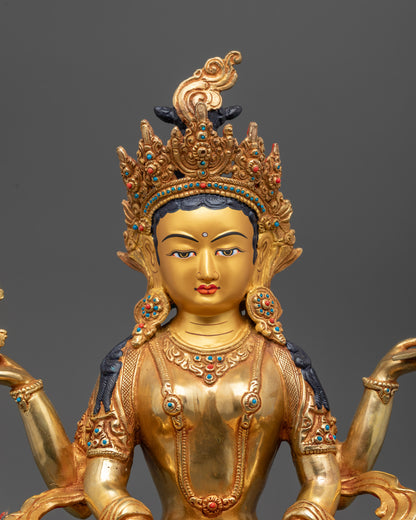 Close up Prajna Paramita Statue showing intricate carvings and semi-precious stones