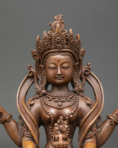 Close up Prajnaparamita hands holding scripture, vajra, and sacred vase for meditation