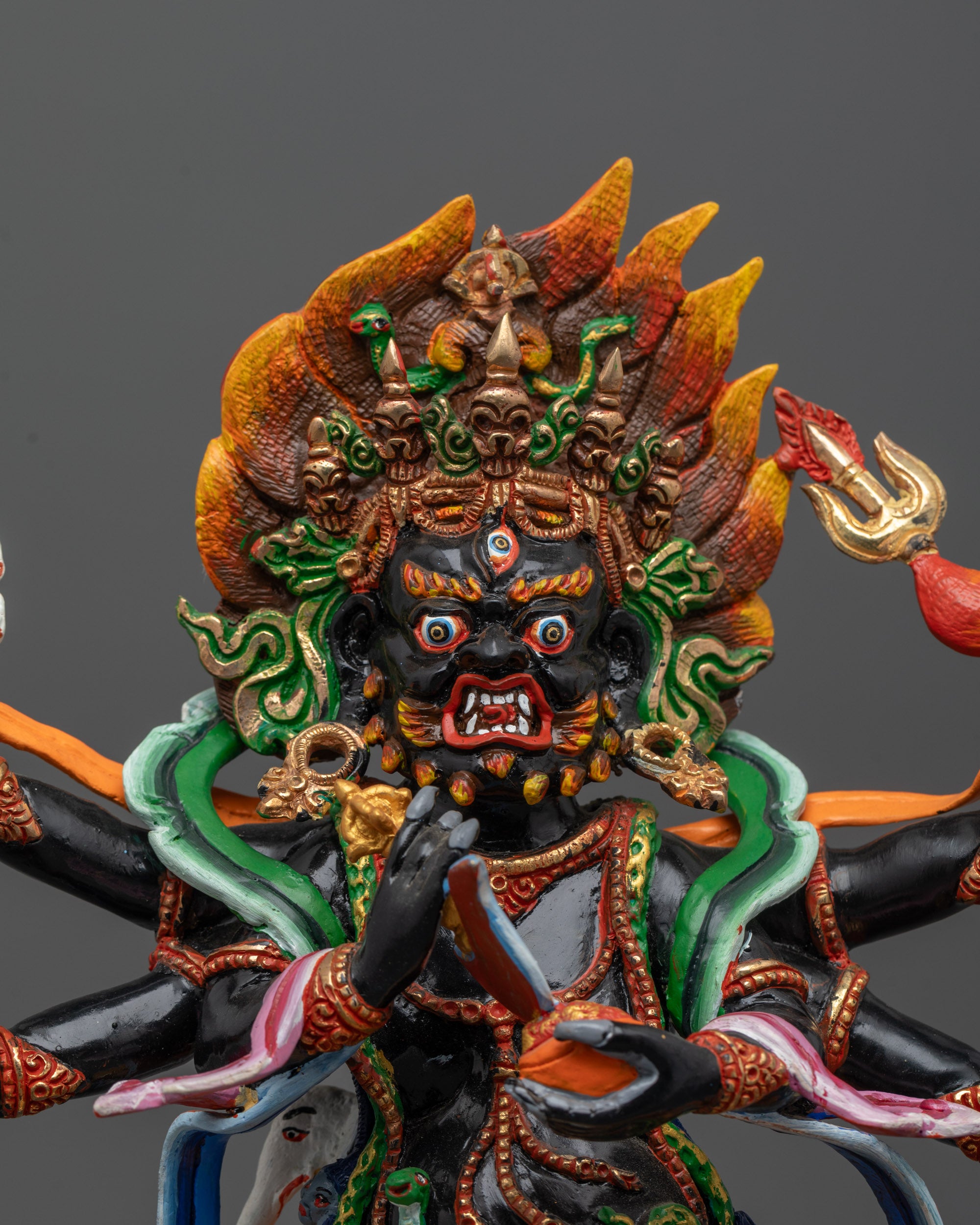 Close up Premium Copper Six-Armed Mahakala Sculpture Decorated with Black Acrylic