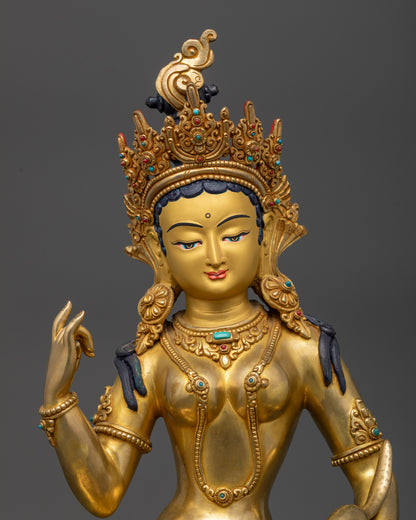 Close up Red Tara Kurukulla holding ankusha staff and jewel-spitting mongoose
