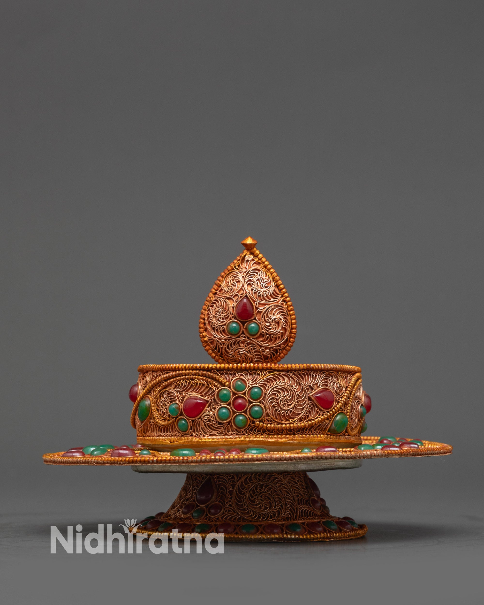 Close up Sacred 3 Inch Mandala gold-plated filigree with gemstone floral design
