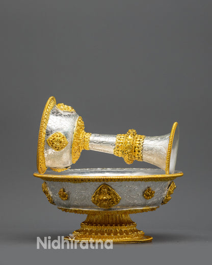 Close up Serkyem Offering showing intricate Himalayan artisan craftsmanship and plating
