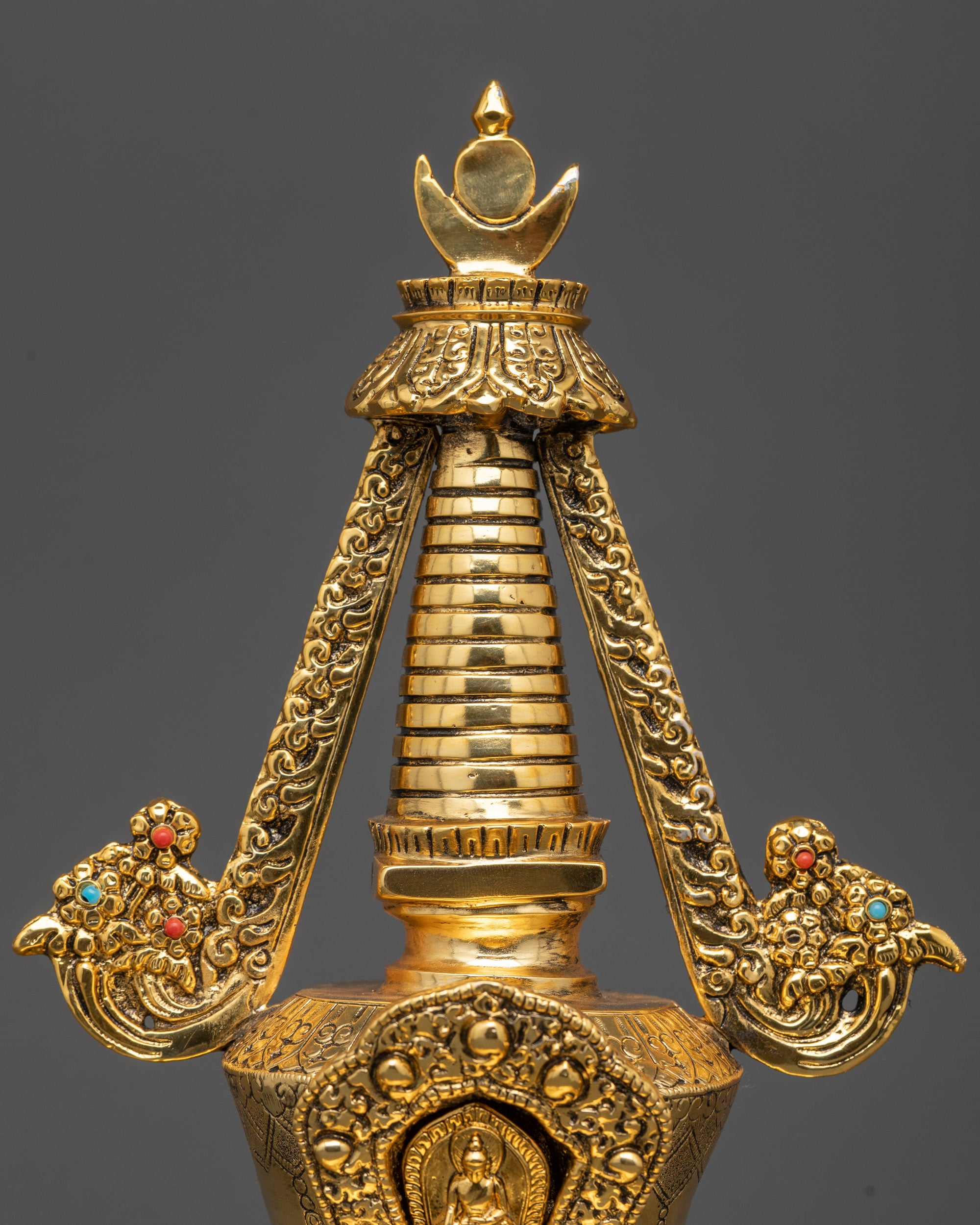 Close up Shakyamuni Buddha Stupa filigree vishwa vajra Buddhist stupa for home altar