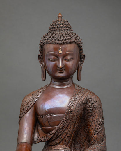 Close up Shakyamuni Buddha face oxidized finish Himalayan craftsmanship