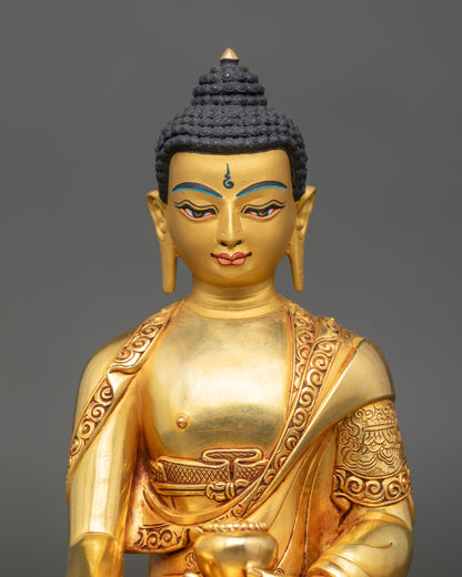 Close up Shakyamuni Buddha gold-painted face lost-wax Nepalese craftsmanship