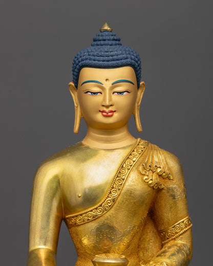 Close up Shakyamuni Buddha serene face with intricate Ashtamangala robe details