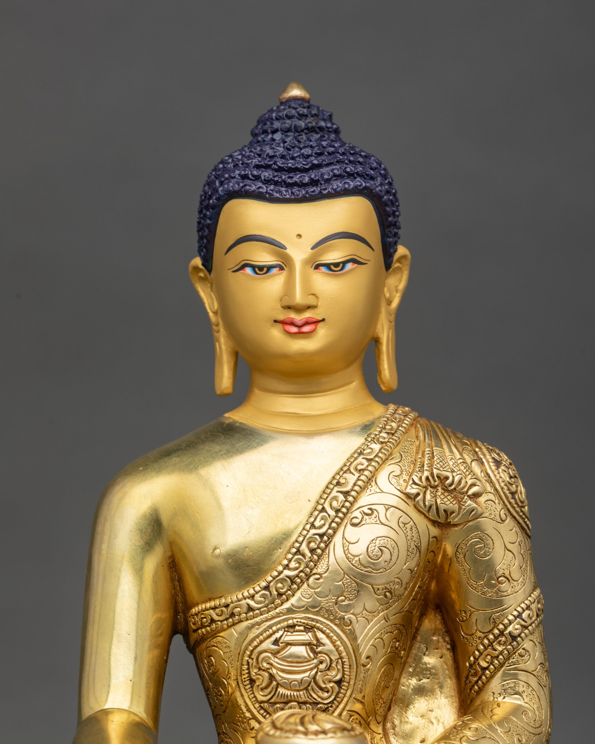 Close up Shakyamuni Buddha statue serene expression Bhumisparsha Mudra details