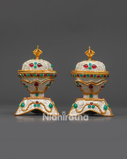 Close up Silver-Plated Kapala Set showing gold and silver filigree details