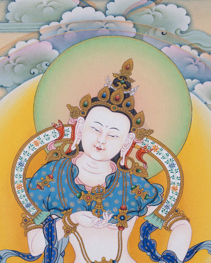 Close up Three Deities Thangka: Vajrasattva, Chenrezig and amp; Namgyalma | Sacred Canvas Print