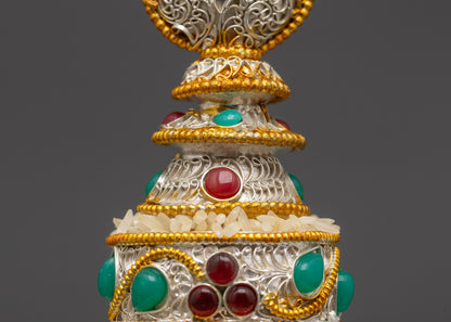 Close up Tibetan Mandala 3 inch showing turquoise ruby emerald gemstone details
