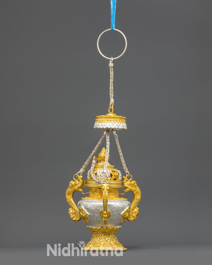 Close up Tibetan Sangbur incense holder filigree pattern and perforated lid detail