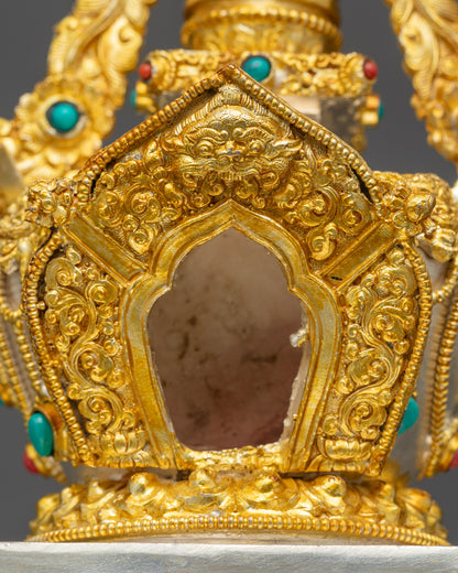 Close up Tibetan Stupa vishwa vajra filigree gold silver finish sacred stone details

