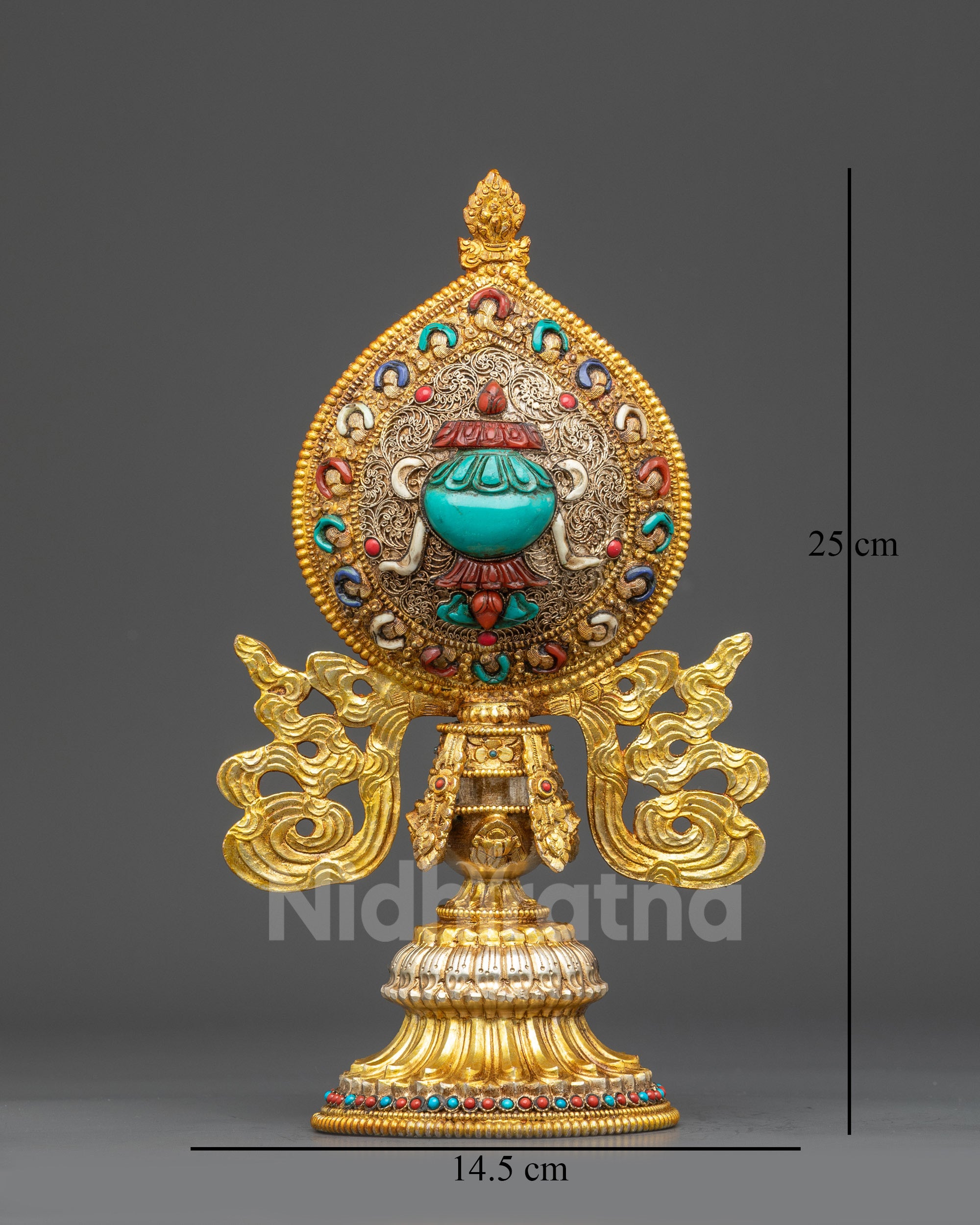 Close up Treasure Vase (Bumpa) from Ashtamangala set, gold-plated copper with filigree