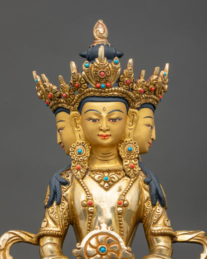 Close up Vairocana Buddha face with serene expression, elegant earrings, sacred motifs