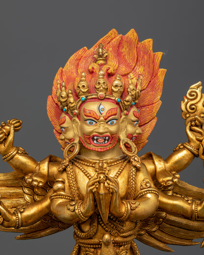 Close up Vajrakilaya six arms sacred implements phurba vajra gold-painted details