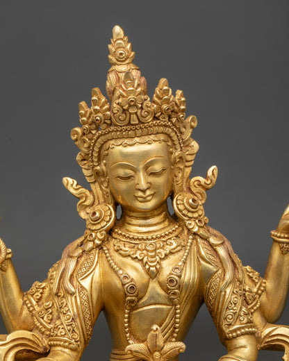 Close up Vasudhara Buddhist goddess of abundance statue handcrafted in Patan Nepal