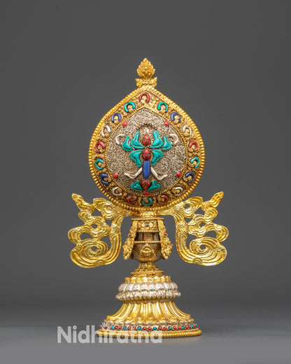 Close up Victory Banner (Dhvaja) from Ashtamangala set, gold-plated copper with stones