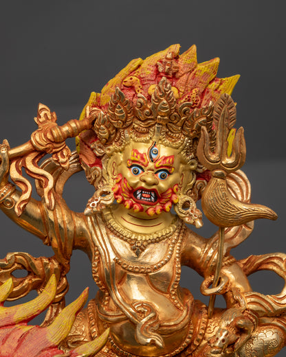 Close up White Dzambhala face with skull crown jewelry and blazing halo details
