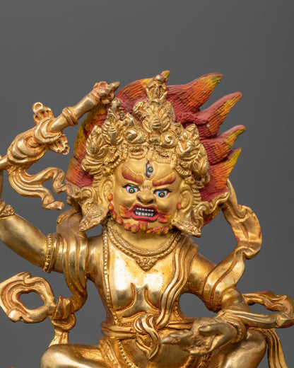 Close up White Dzambhala gold-painted face ritual scepter jewel-spitting mongoose