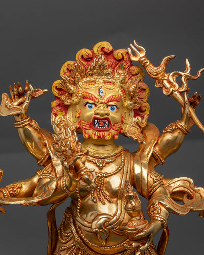 Close up White Mahakala Sculpture showing wrathful face and six-armed deity details

