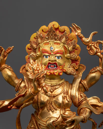 Close up White Mahakala showing six arms holding sacred objects and fierce details