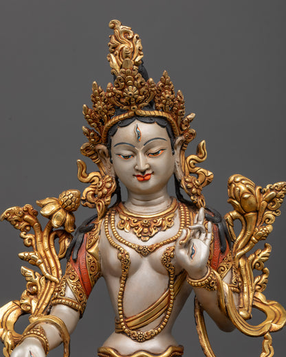 Close up White Tara Buddha face showing seven eyes and gold-plated crown
