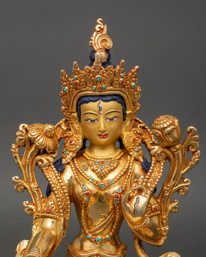 Close up White Tara face showing serene expression, ornate crown, and semi-precious stones