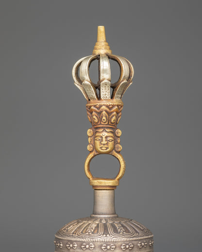 Close up bronze bell handle with deity carving | Copper Vajra and intricate patterns