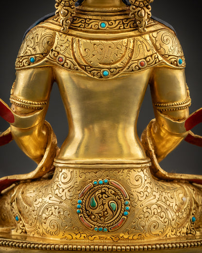 Close up detailed robe of Vairocana Buddha with radiant floral and motif carvings in gold texture
