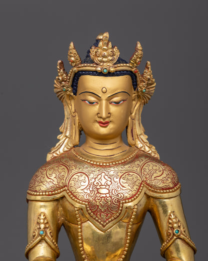 Close up gold-painted face five jeweled crown semi-precious stones detail