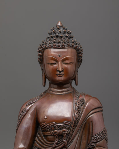 Close up of Amitabha Buddha face showing oxidized copper finish and serene expression