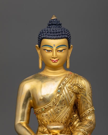 Close up of Amitabha Buddha statue robe details and semi-precious stones craftsmanship