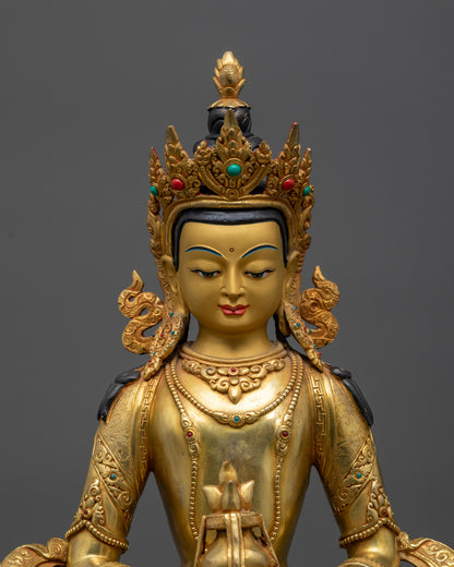 Close up of Amitayus Buddha crown and semi-precious stone details

