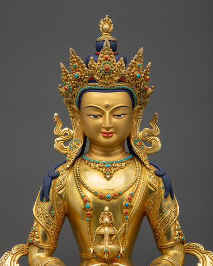 Close up of Amitayus Buddha holding vase of immortality on lotus pose
