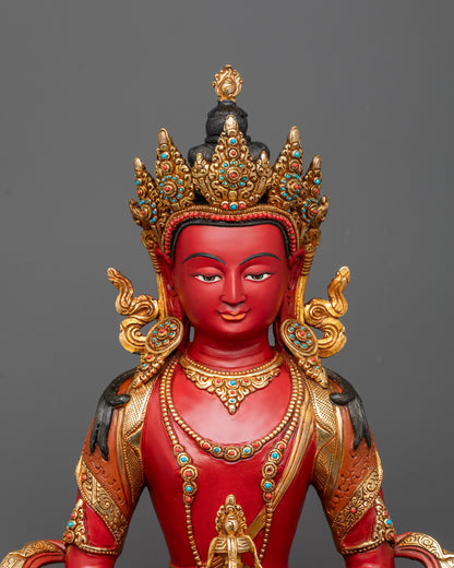 Close up of Amitayus statue highlighting nectar vase, jewelry, and semi-precious stones