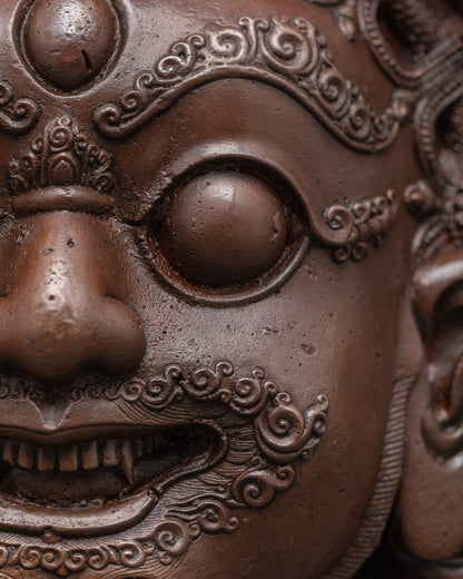 Close up of Bhairav Mask highlighting the crown, third eye, and intricate carvings