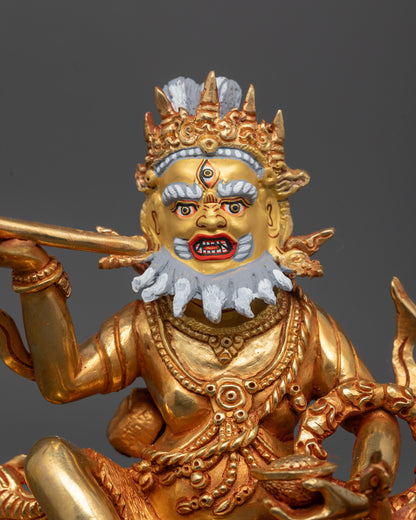 Close up of Brahmanrupa Mahakala statue face showing third eye and gold-gilded details