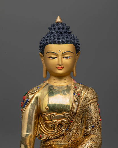 Close up of Buddha Shakyamuni Statue showing intricate carved monk’s robe and halo details