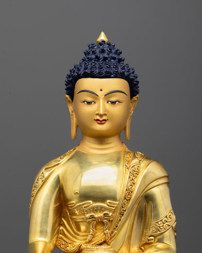 Close up of Buddha Shakyamuni’s gold fire-gilded body showing intricate robe patterns and carvings
