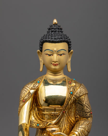 Close up of Buddha Shakyamuni statue’s gold fire-gilded copper body and intricate robes
