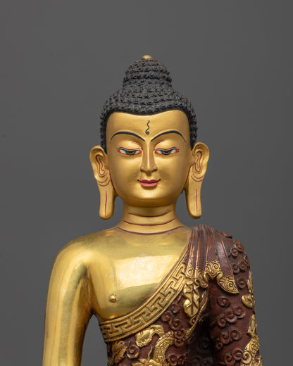 Close up of Buddha’s gold fire-gilded robe featuring carved dragons and clouds details