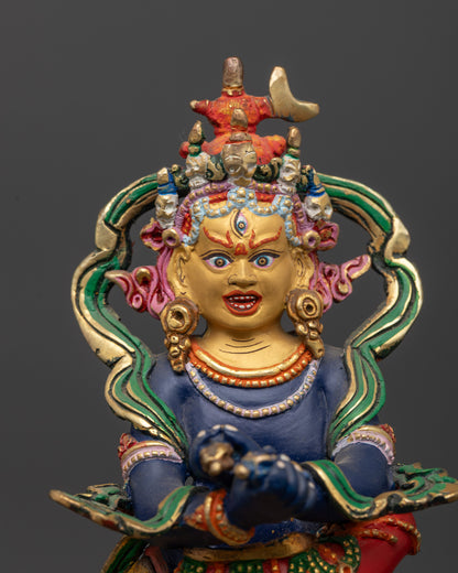 Close up of Chakrasamvara statue showing wrathful expression and detailed robes

