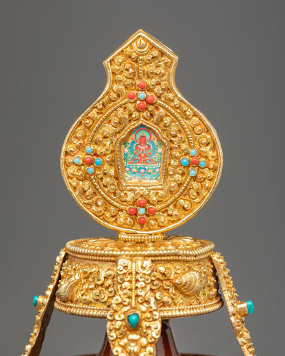 Close up of Che Bhumba lid showing floral carvings and mini Ghau box with Amitayus
