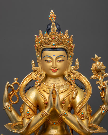 Close up of Chenrezig Statue showing detailed crowns jewelry and Armet
