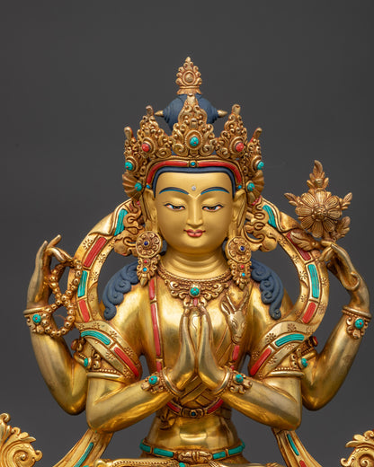 Close up of Chenrezig Statue showing five-jeweled crown and semi-precious stones