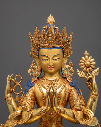 Close up of Chenrezig’s five-jeweled crown and hand-carved patterns with semi-precious stones